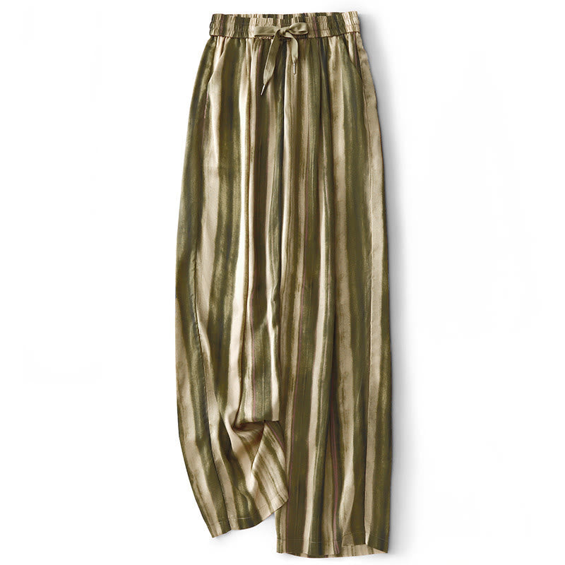 Buddha Stones Pantalones largos de verano informales elegantes con cordón ajustable y rayas verticales para mujer, de pierna recta y con bolsillos. - Caqui oscuro - US8-10, UK/AU12-14, EU40-42 (2XL) - image 0