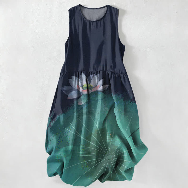 Buddha Stones Vestido midi de verano informal para mujer con estampado de estanque de lotos y sin mangas, con bolsillos. - image 0