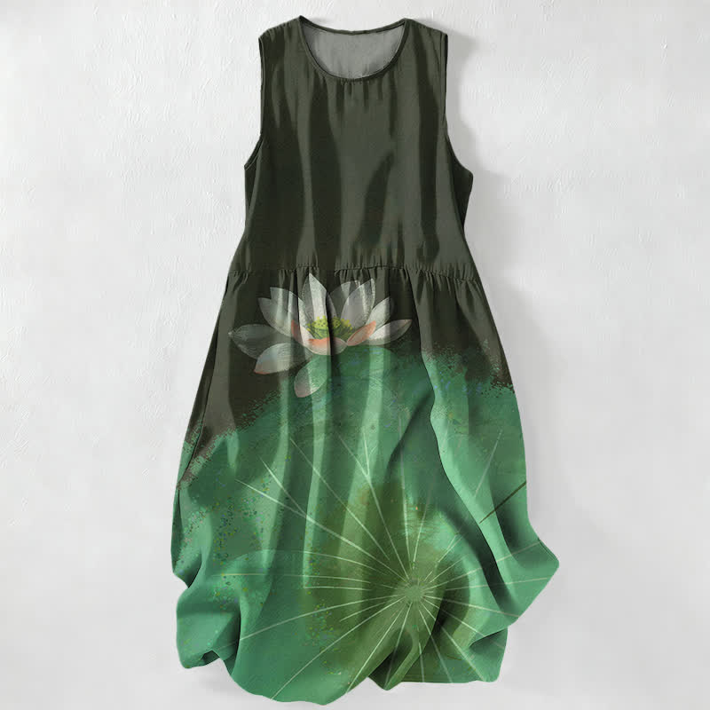 Buddha Stones Vestido midi de verano informal para mujer con estampado de estanque de lotos y sin mangas, con bolsillos. - image 4