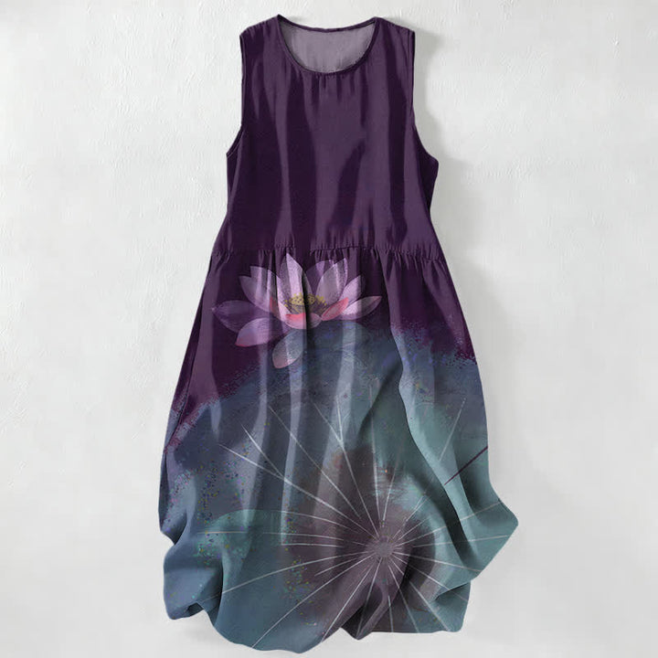 Buddha Stones Vestido midi de verano informal para mujer con estampado de estanque de lotos y sin mangas, con bolsillos. - image 5