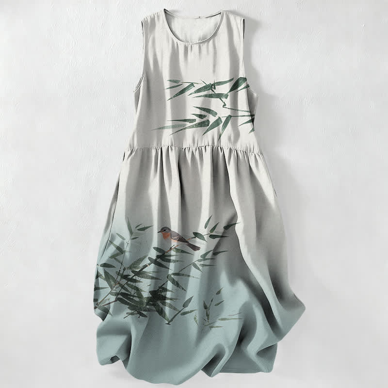Buddha Stones Vestido midi de verano informal para mujer con estampado de pájaros de bambú y bolsillos. - AliciaAzul - US16，UK/AU20，EU48 (3XL) - image 0