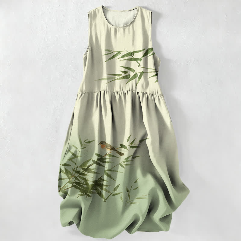 Buddha Stones Vestido midi de verano informal para mujer con estampado de pájaros de bambú y bolsillos. - Verde pálido - US16，UK/AU20，EU48 (3XL) - image 5