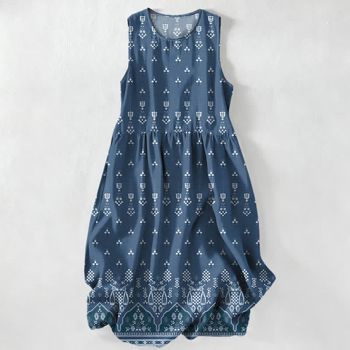 Buddha Stones Vestido midi de verano informal bohemio con estampado geométrico floral y borde para mujer, sin mangas y con bolsillos. - Azul acero - US16，UK/AU20，EU48 (3XL) - image 5