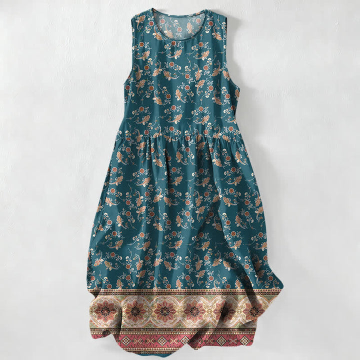 Buddha Stones Vestido midi de verano informal para mujer con estampado floral de enredaderas y bolsillos. - Verde azulado - US16，UK/AU20，EU48 (3XL) - image 0