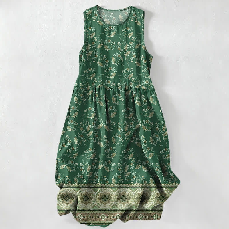 Buddha Stones Vestido midi de verano informal para mujer con estampado floral de enredaderas y bolsillos. - Verde bosque - US16，UK/AU20，EU48 (3XL) - image 5