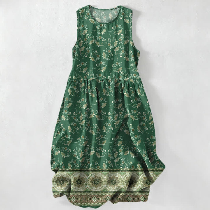 Buddha Stones Vestido midi de verano informal para mujer con estampado floral de enredaderas y bolsillos. - Verde bosque - US16，UK/AU20，EU48 (3XL) - image 5