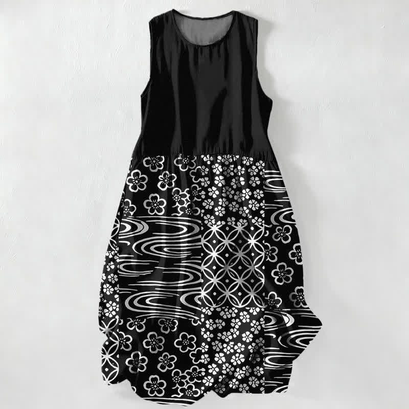 Buddha Stones Vestido midi de verano informal para mujer con estampado floral de retazos y diseño de ondas, sin mangas y con bolsillos. - Negro - US16，UK/AU20，EU48 (3XL) - image 0