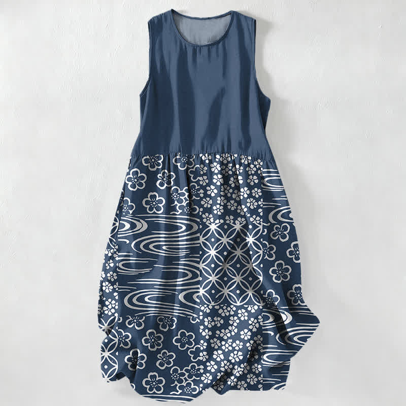 Buddha Stones Vestido midi de verano informal para mujer con estampado floral de retazos y diseño de ondas, sin mangas y con bolsillos. - Marina de guerra - US16，UK/AU20，EU48 (3XL) - image 4