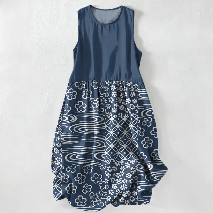 Buddha Stones Vestido midi de verano informal para mujer con estampado floral de retazos y diseño de ondas, sin mangas y con bolsillos. - Marina de guerra - US16，UK/AU20，EU48 (3XL) - image 4