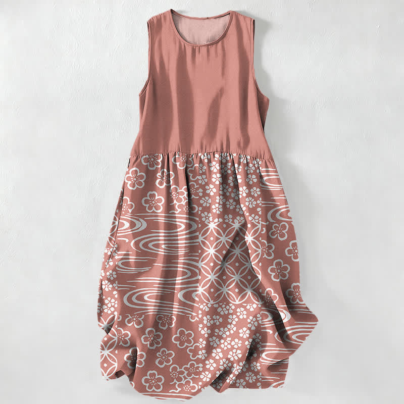 Buddha Stones Vestido midi de verano informal para mujer con estampado floral de retazos y diseño de ondas, sin mangas y con bolsillos. - Coral claro - US16，UK/AU20，EU48 (3XL) - image 5