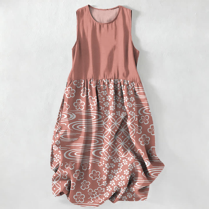 Buddha Stones Vestido midi de verano informal para mujer con estampado floral de retazos y diseño de ondas, sin mangas y con bolsillos. - Coral claro - US16，UK/AU20，EU48 (3XL) - image 5