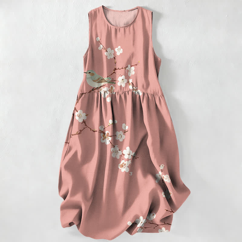 Buddha Stones Vestido midi de verano informal para mujer con estampado de flores, pájaros y ramas, sin mangas y con bolsillos. - rosa claro - US16，UK/AU20，EU48 (3XL) - image 0
