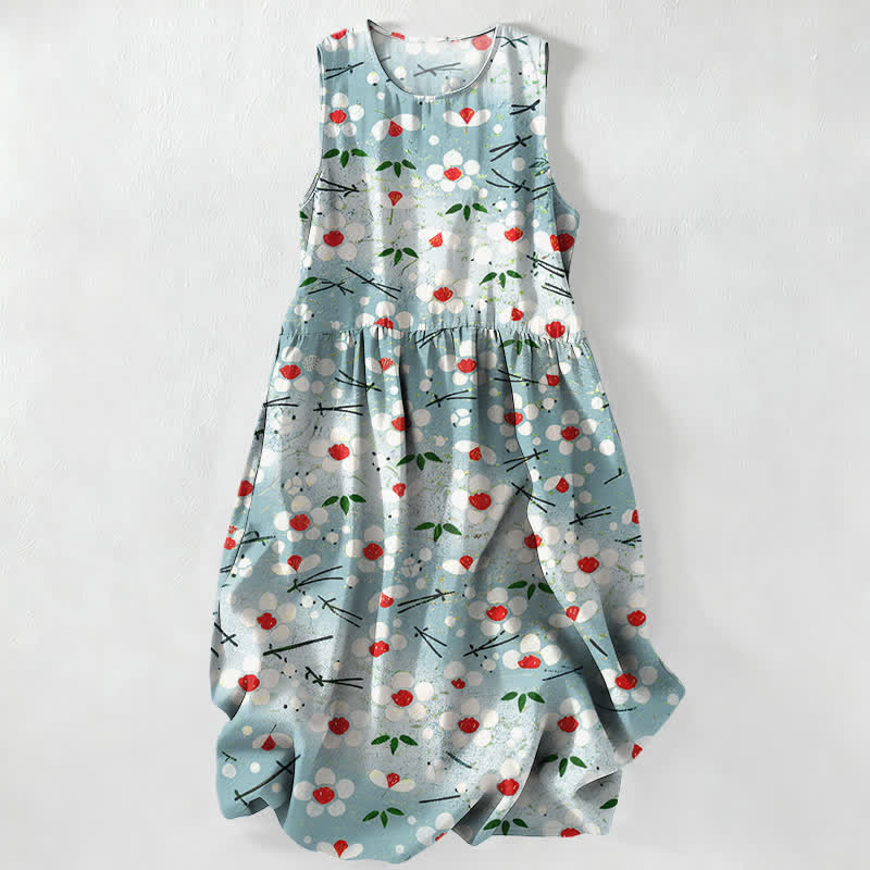 Buddha Stones Vestido midi de verano informal para mujer con estampado de ramas de bayas y flores silvestres, sin mangas y con bolsillos. - Turquesa pálido - US16，UK/AU20，EU48 (3XL) - image 0