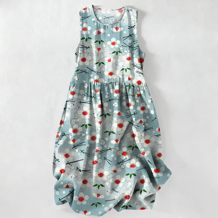Buddha Stones Vestido midi de verano informal para mujer con estampado de ramas de bayas y flores silvestres, sin mangas y con bolsillos. - Turquesa pálido - US16，UK/AU20，EU48 (3XL) - image 0