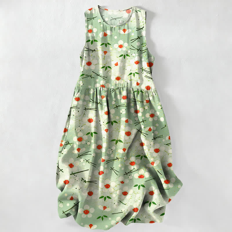 Buddha Stones Vestido midi de verano informal para mujer con estampado de ramas de bayas y flores silvestres, sin mangas y con bolsillos. - Verde pálido - US16，UK/AU20，EU48 (3XL) - image 4