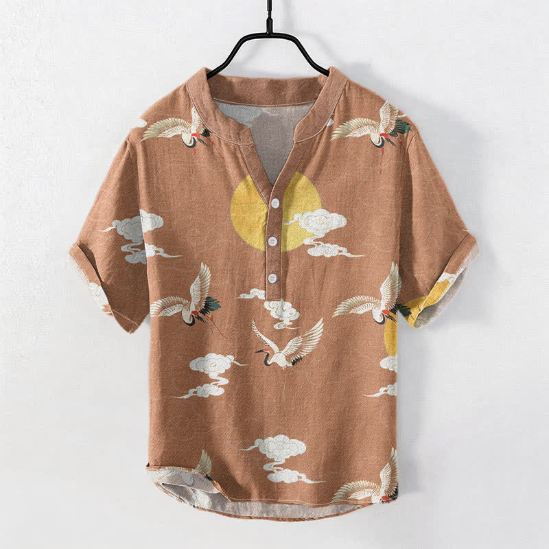 Buddha Stones Camisa de manga corta con medio botón para hombre, de algodón, con estampado de grulla, nube y sol. - Sandy Brown - US/UK/AU50, EU60 (5XL) - image 3