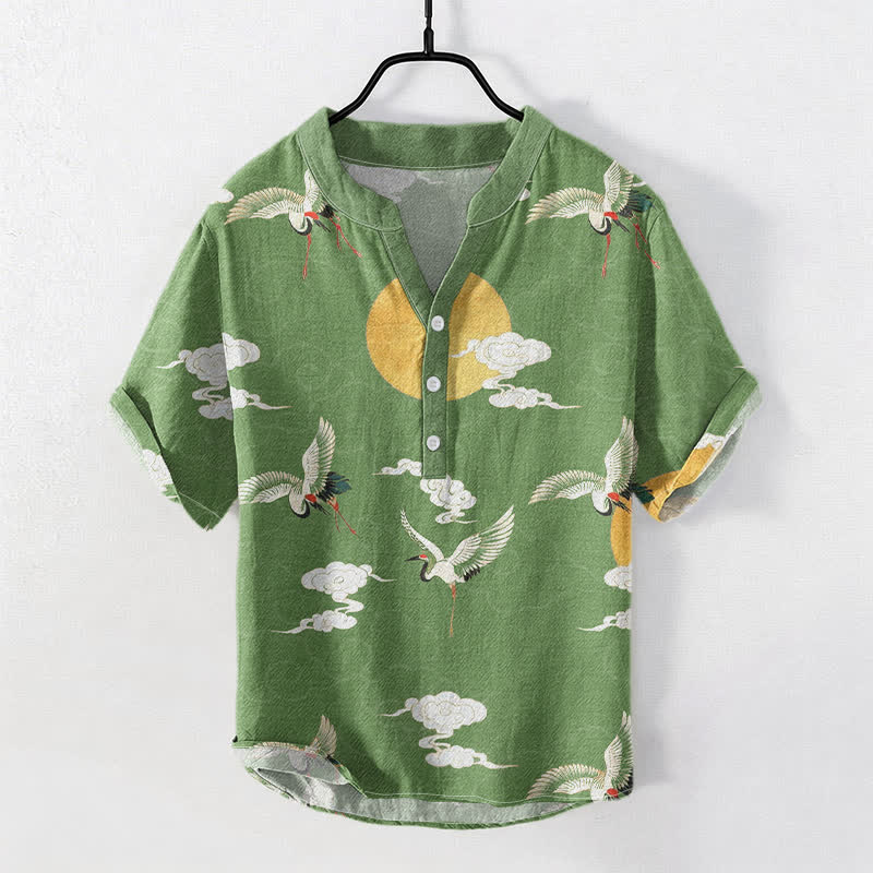 Buddha Stones Camisa de manga corta con medio botón para hombre, de algodón, con estampado de grulla, nube y sol. - Verde mar medio - US/UK/AU50, EU60 (5XL) - image 5