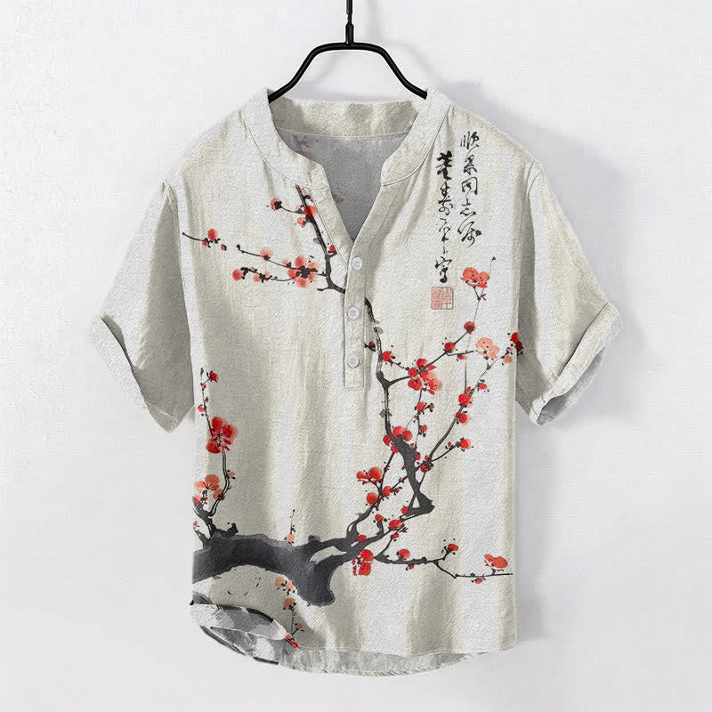 Buddha Stones Camisa de manga corta con medio botón para hombre, de algodón, con estampado de ramas de ciruelo en flor y caligrafía. - Coral claro - US/UK/AU50, EU60 (5XL) - image 0