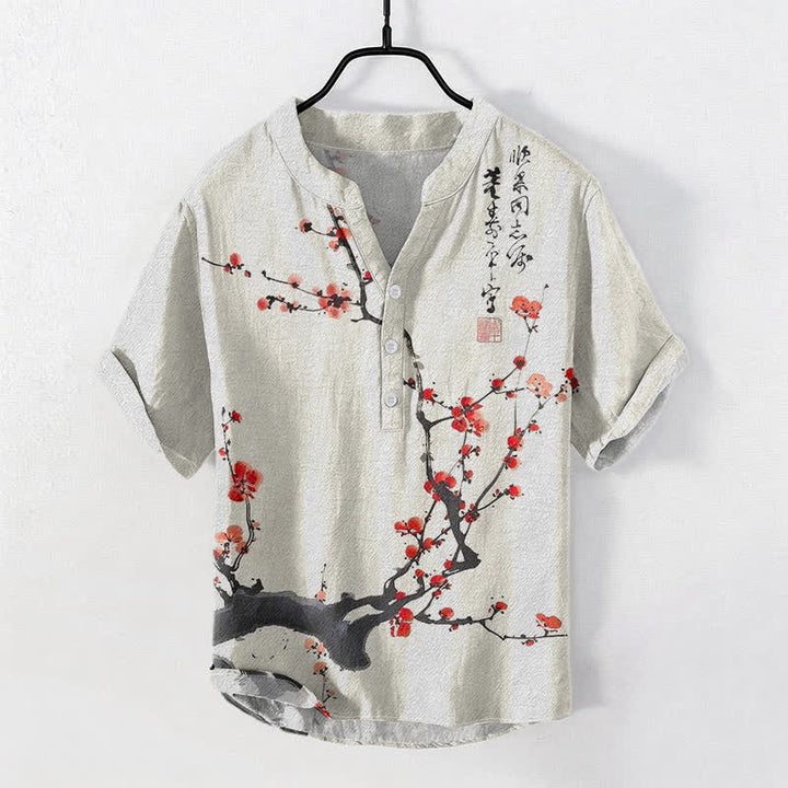 Buddha Stones Camisa de manga corta con medio botón para hombre, de algodón, con estampado de ramas de ciruelo en flor y caligrafía. - Coral claro - US/UK/AU50, EU60 (5XL) - image 0