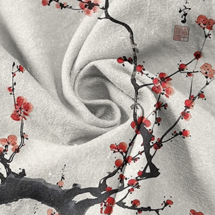 Buddha Stones Camisa de manga corta con medio botón para hombre, de algodón, con estampado de ramas de ciruelo en flor y caligrafía. - image 2