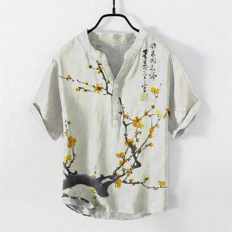 Buddha Stones Camisa de manga corta con medio botón para hombre, de algodón, con estampado de ramas de ciruelo en flor y caligrafía. - Caqui - US/UK/AU50, EU60 (5XL) - image 3