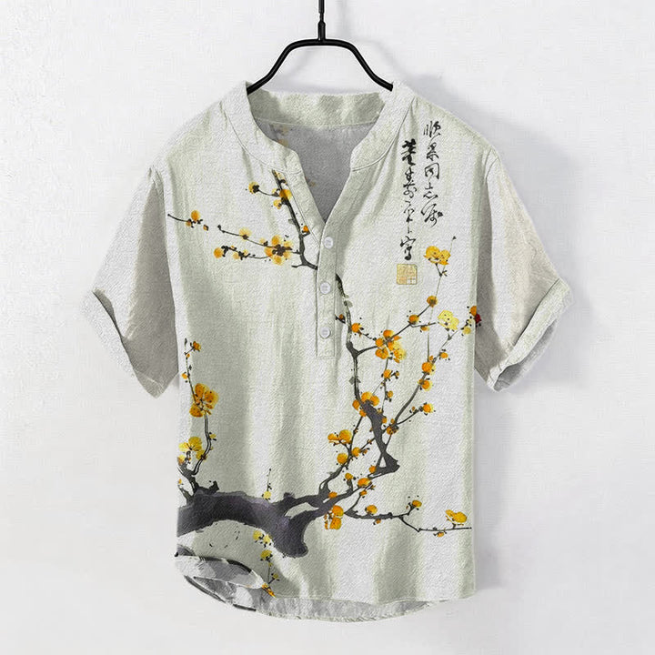 Buddha Stones Camisa de manga corta con medio botón para hombre, de algodón, con estampado de ramas de ciruelo en flor y caligrafía. - Caqui - US/UK/AU50, EU60 (5XL) - image 3