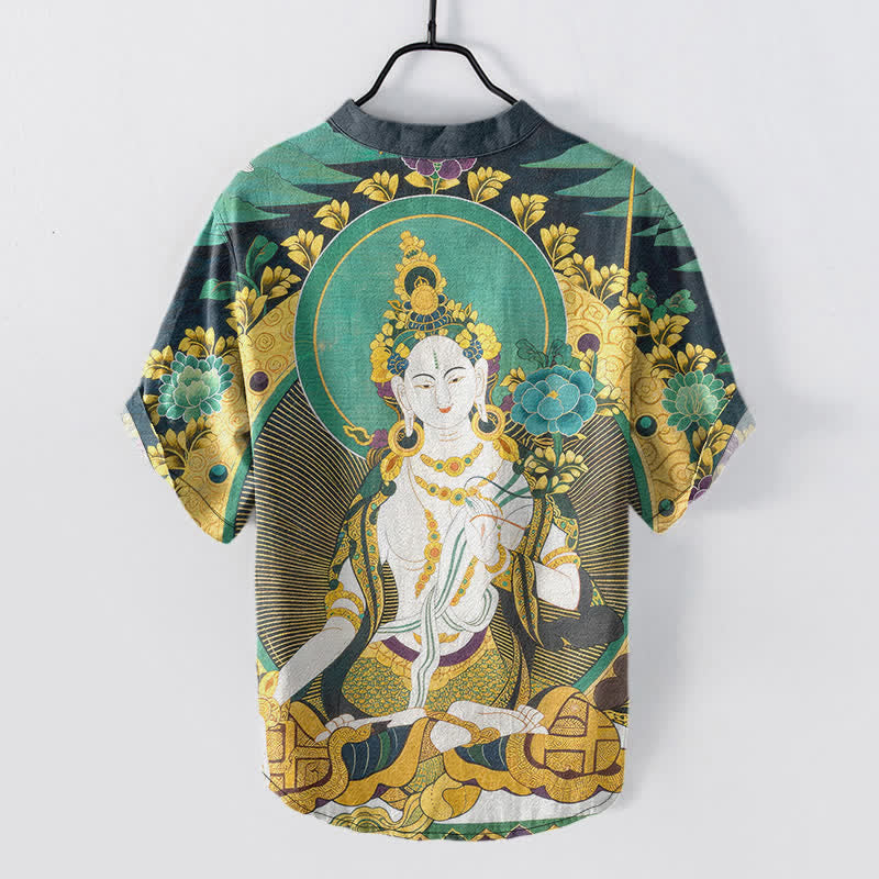 Buddha Stones Camisa de manga corta con medio botón para hombre, de algodón, con estampado floral de Buda radiante. - image 1