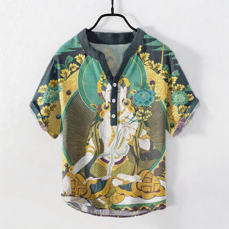 Buddha Stones Camisa de manga corta con medio botón para hombre, de algodón, con estampado floral de Buda radiante. - Verde mar claro - US/UK/AU50, EU60 (5XL) - image 0