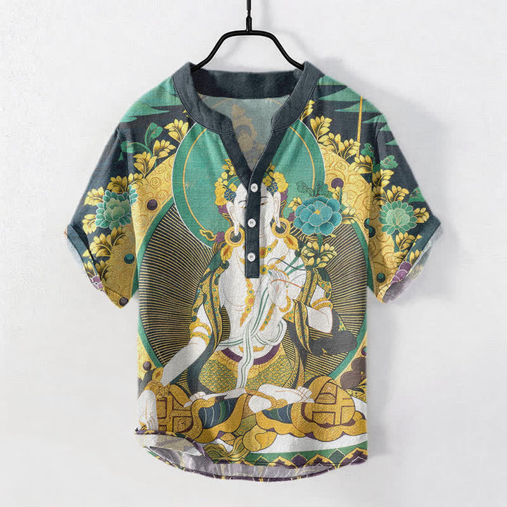 Buddha Stones Camisa de manga corta con medio botón para hombre, de algodón, con estampado floral de Buda radiante. - Verde mar claro - US/UK/AU50, EU60 (5XL) - image 0