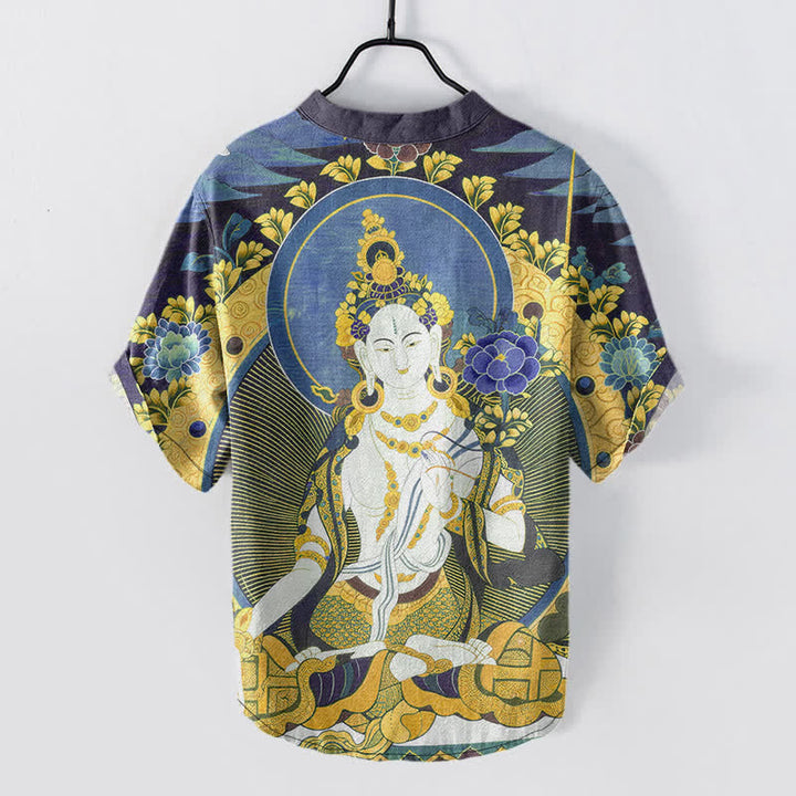 Buddha Stones Camisa de manga corta con medio botón para hombre, de algodón, con estampado floral de Buda radiante. - image 6