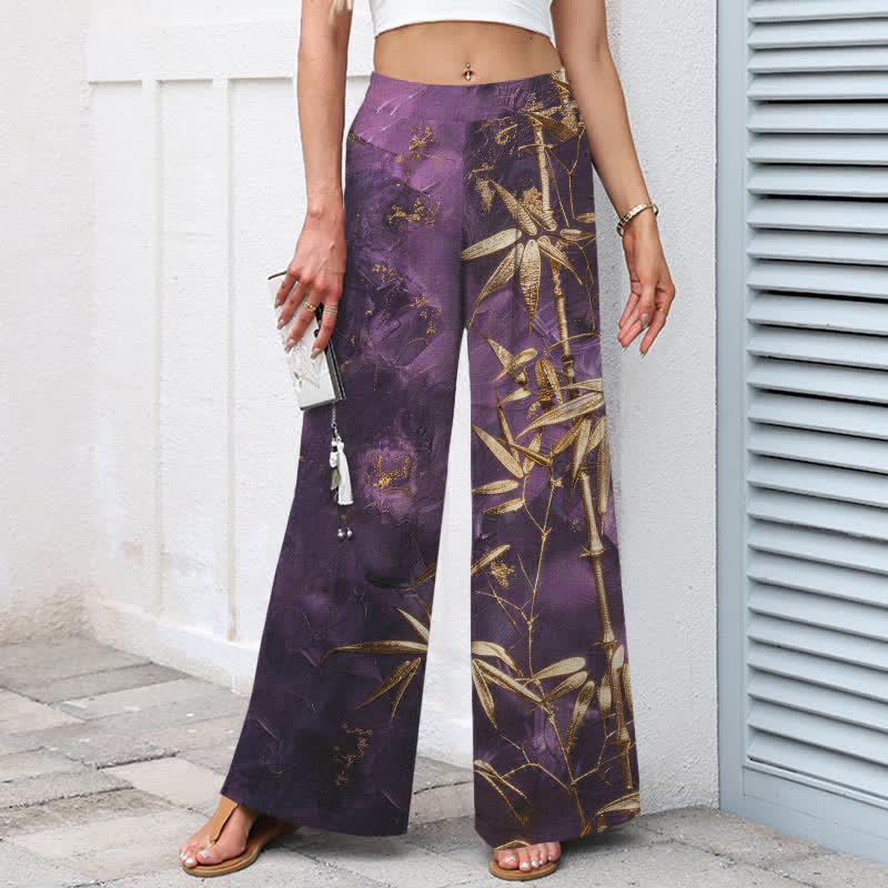 Buddha Stones Pantalones de mujer de algodón y lino con estampado de bambú dorado, cintura elástica y pernera ancha con bolsillos. - image 1