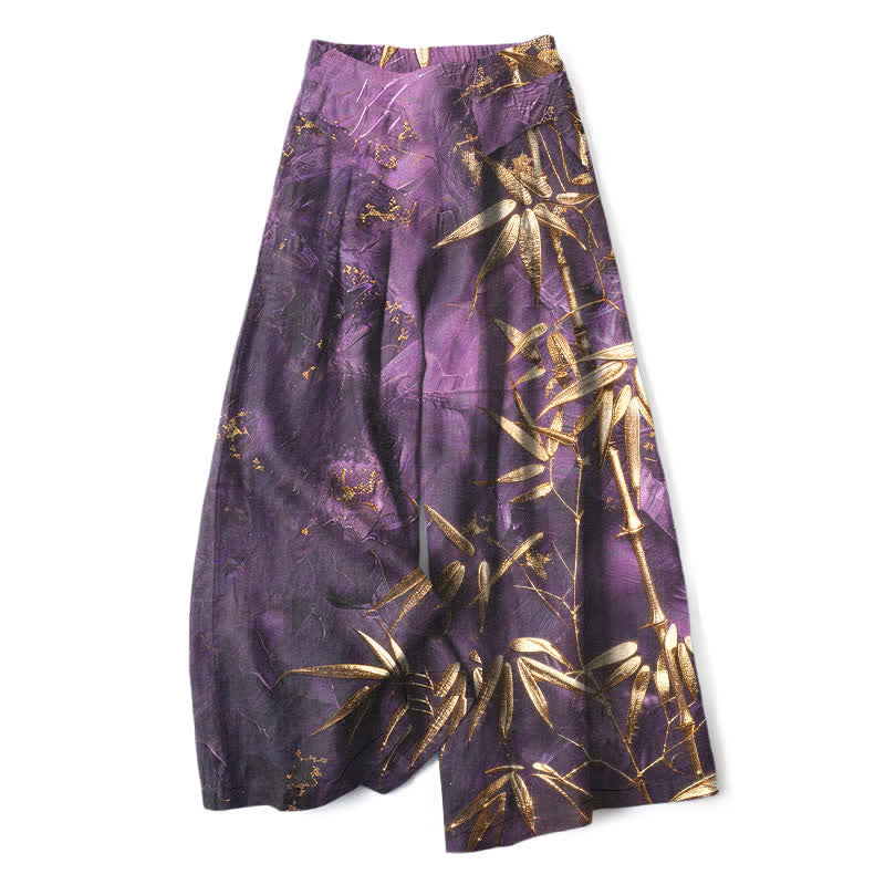 Buddha Stones Pantalones de mujer de algodón y lino con estampado de bambú dorado, cintura elástica y pernera ancha con bolsillos. - Violeta azul - US16，UK/AU20，EU48 (3XL) - image 0