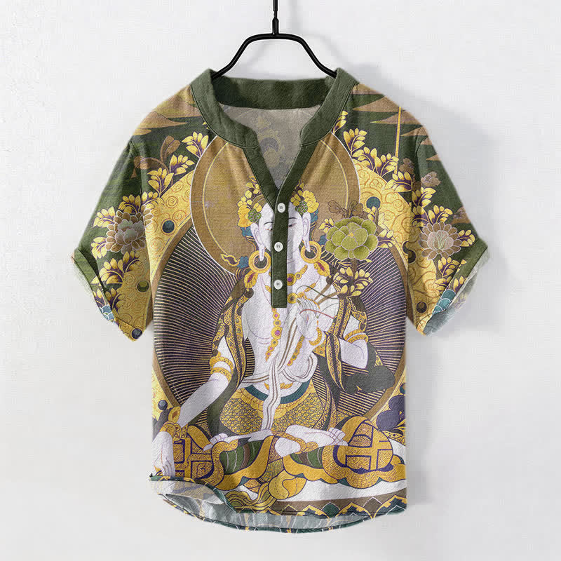 Buddha Stones Camisa de manga corta con medio botón para hombre, de algodón, con estampado floral de Buda radiante. - Caqui oscuro - US/UK/AU50, EU60 (5XL) - image 7