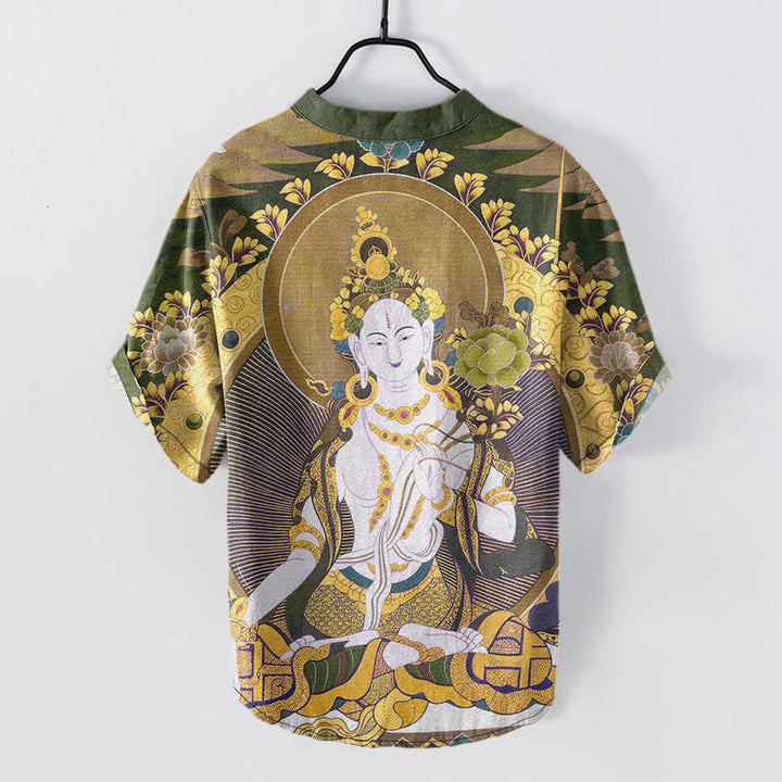 Buddha Stones Camisa de manga corta con medio botón para hombre, de algodón, con estampado floral de Buda radiante. - image 8