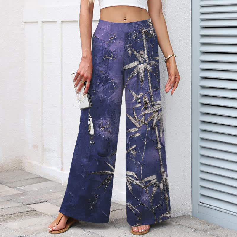 Buddha Stones Pantalones de mujer de algodón y lino con estampado de bambú dorado, cintura elástica y pernera ancha con bolsillos. - image 6