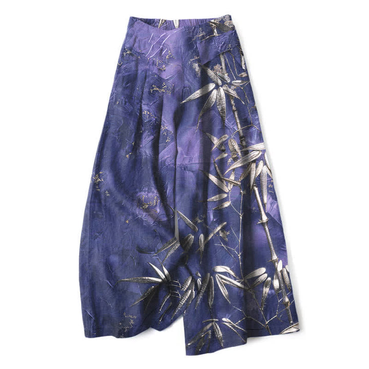Buddha Stones Pantalones de mujer de algodón y lino con estampado de bambú dorado, cintura elástica y pernera ancha con bolsillos. - Índigo - US16，UK/AU20，EU48 (3XL) - image 5