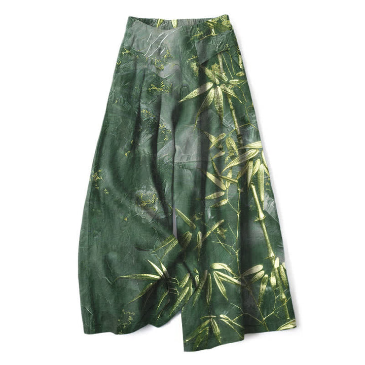Buddha Stones Pantalones de mujer de algodón y lino con estampado de bambú dorado, cintura elástica y pernera ancha con bolsillos. - Verde bosque - US16，UK/AU20，EU48 (3XL) - image 7