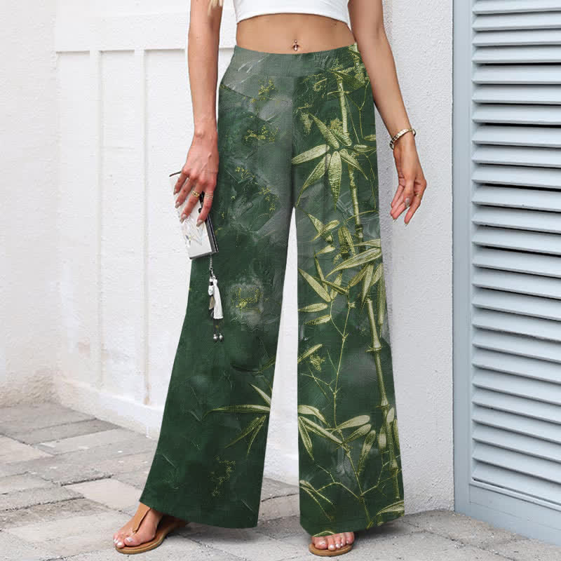 Buddha Stones Pantalones de mujer de algodón y lino con estampado de bambú dorado, cintura elástica y pernera ancha con bolsillos. - image 8