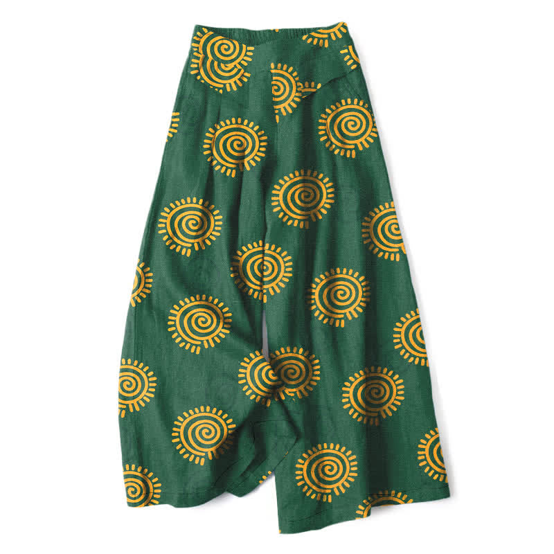 Buddha Stones Pantalones de mujer de algodón y lino con estampado de espiral solar, cintura elástica y pernera ancha con bolsillos. - Verde bosque - US16，UK/AU20，EU48 (3XL) - image 0