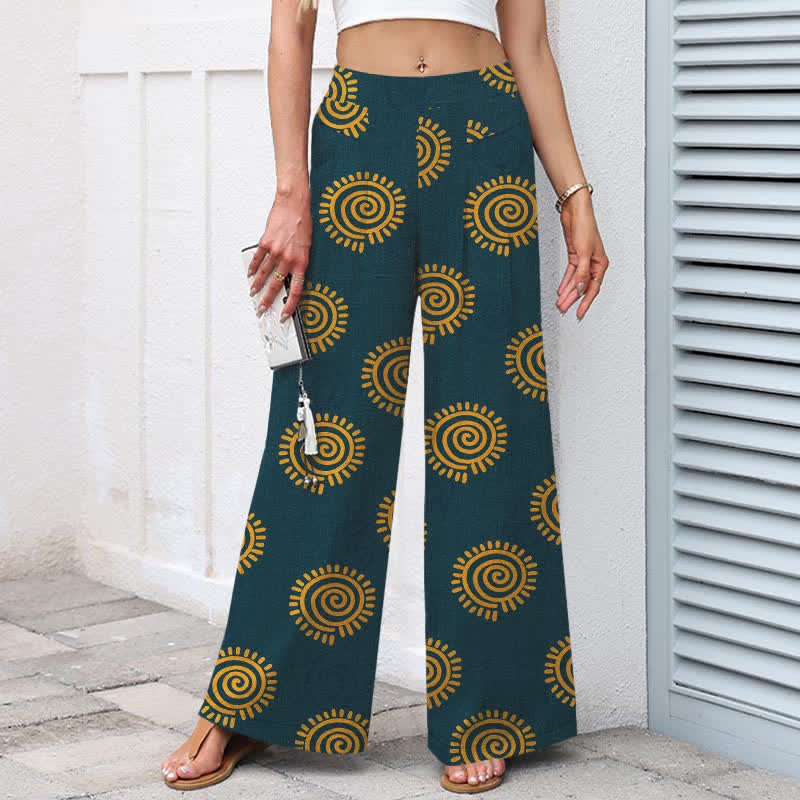 Buddha Stones Pantalones de mujer de algodón y lino con estampado de espiral solar, cintura elástica y pernera ancha con bolsillos. - image 6
