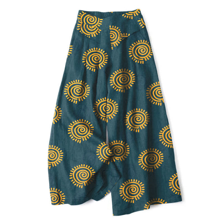 Buddha Stones Pantalones de mujer de algodón y lino con estampado de espiral solar, cintura elástica y pernera ancha con bolsillos. - Verde azulado - US16，UK/AU20，EU48 (3XL) - image 5