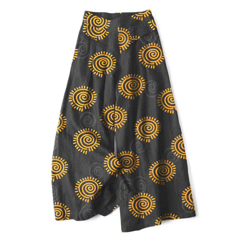 Buddha Stones Pantalones de mujer de algodón y lino con estampado de espiral solar, cintura elástica y pernera ancha con bolsillos. - Negro - US16，UK/AU20，EU48 (3XL) - image 7
