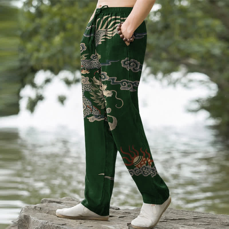 Buddha Stones Pantalones de hombre de algodón con estampado de nubes y dragones, corte ajustado y bolsillos. - image 5