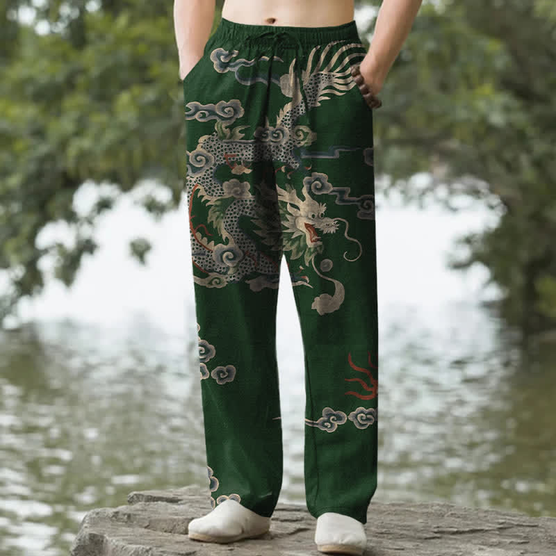 Buddha Stones Pantalones de hombre de algodón con estampado de nubes y dragones, corte ajustado y bolsillos. - Verde oscuro - US/UK/AU50, EU60 (5XL) - image 4