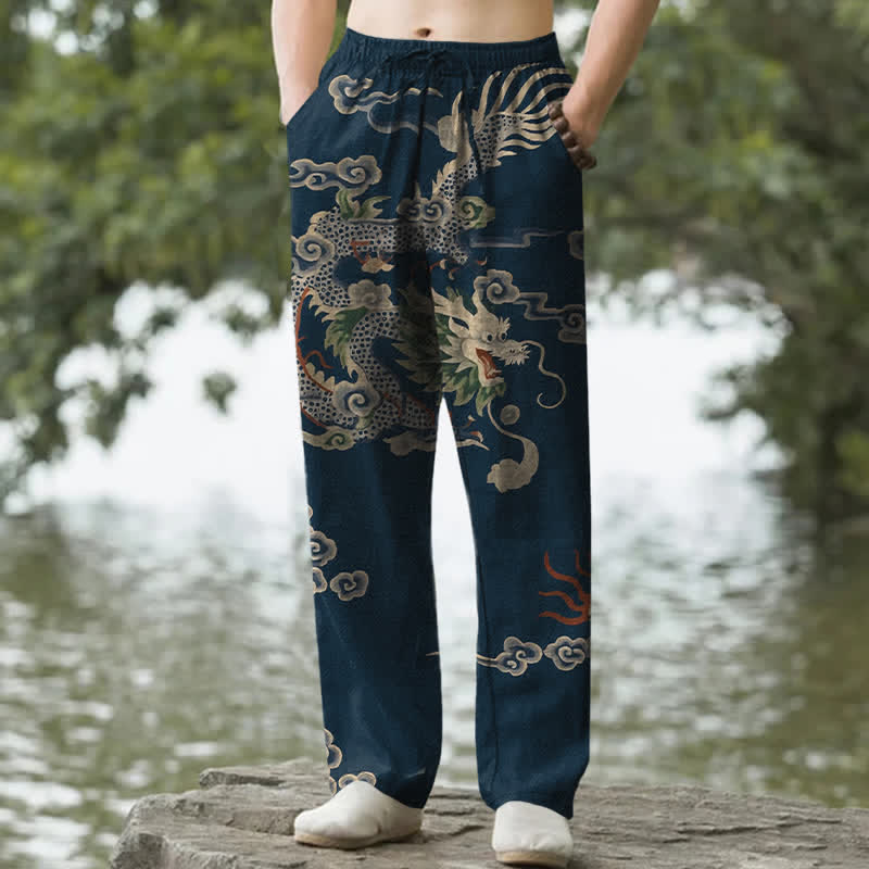Buddha Stones Pantalones de hombre de algodón con estampado de nubes y dragones, corte ajustado y bolsillos. - Marina de guerra - US/UK/AU50, EU60 (5XL) - image 6