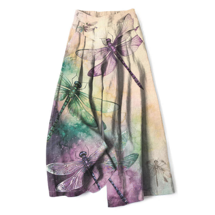 Buddha Stones Pantalones de mujer de algodón y lino con estampado de libélulas en acuarela, cintura elástica y pernera ancha con bolsillos. - Lino - US16，UK/AU20，EU48 (3XL) - image 0