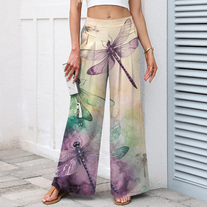 Buddha Stones Pantalones de mujer de algodón y lino con estampado de libélulas en acuarela, cintura elástica y pernera ancha con bolsillos. - image 1