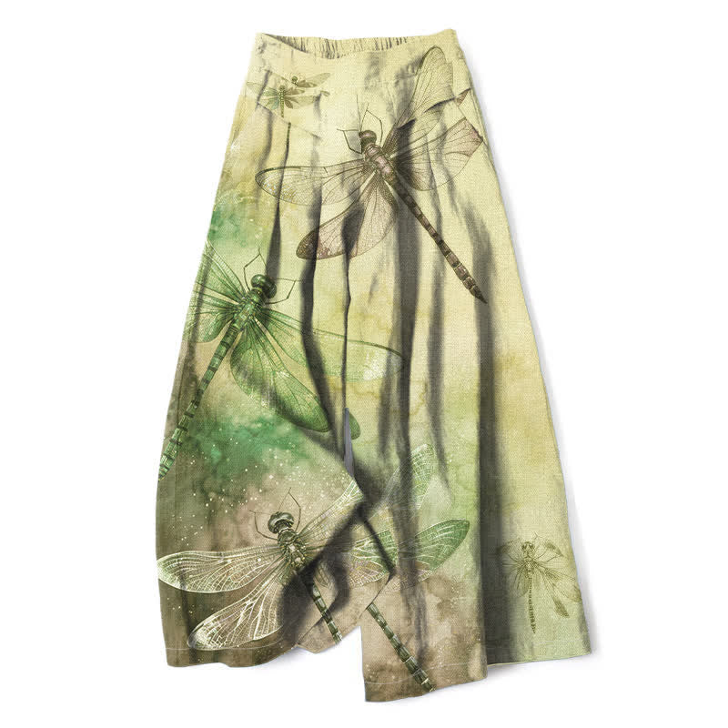 Buddha Stones Pantalones de mujer de algodón y lino con estampado de libélulas en acuarela, cintura elástica y pernera ancha con bolsillos. - Caqui - US16，UK/AU20，EU48 (3XL) - image 5