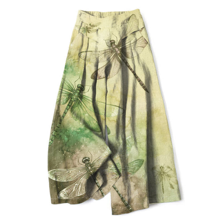 Buddha Stones Pantalones de mujer de algodón y lino con estampado de libélulas en acuarela, cintura elástica y pernera ancha con bolsillos. - Caqui - US16，UK/AU20，EU48 (3XL) - image 5