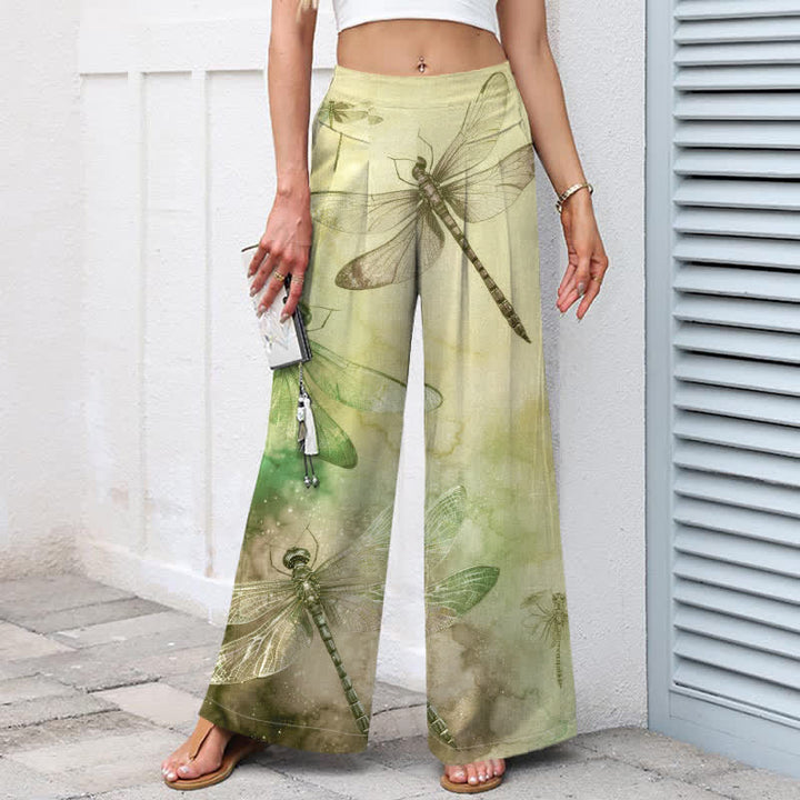 Buddha Stones Pantalones de mujer de algodón y lino con estampado de libélulas en acuarela, cintura elástica y pernera ancha con bolsillos. - image 6